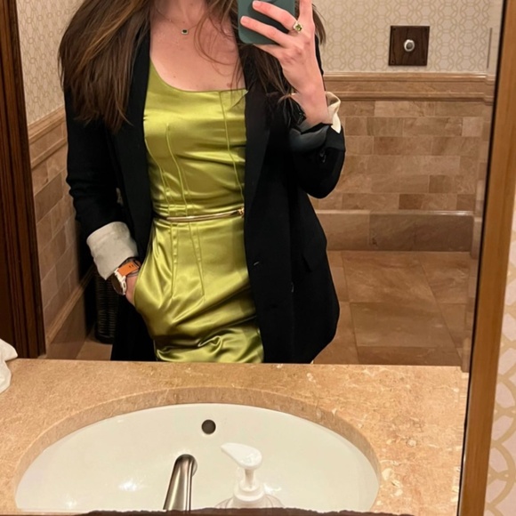 Dolce and Gabbana Vintage Chartreuse Green Satin Sheath Dress Size 6 - Picture 2 of 4